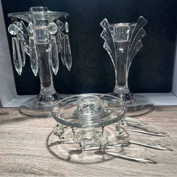 Fostoria Other - Fostoria Glass Candlesticks Clear Flame Pattern 8 Crystal Prism Bobeche Perfect.